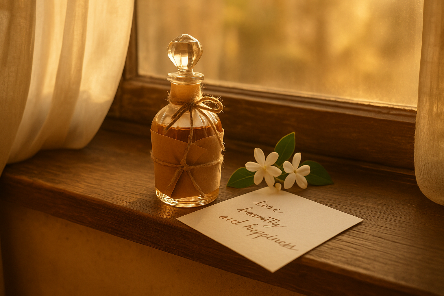 A vintage glass perfume bottle wrapped in brown kraft paper and twine, placed on a wooden windowsill beside jasmine flowers and a handwritten note, bathed in warm golden sunlight.