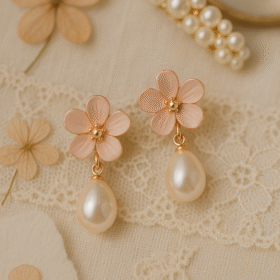 Romantic floral pearl drop earrings on vintage lace, designed with soft blush tones and blooming heart energy — feminine and timeless