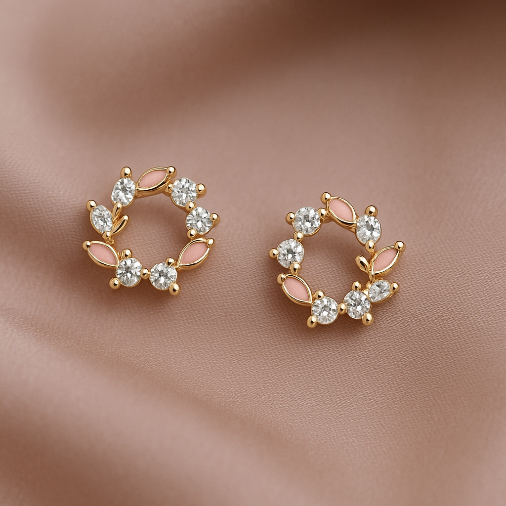 “Circular earrings with crystal petals and pastel enamel blooms exuding soft elegance – Pearl Bloom by Dazzling Pearl.”