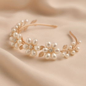 “Elegant golden hairband adorned with daisy-shaped pearl flowers and delicate leaves, perfect for soft romantic styling – Pearl Bloom by Dazzling Pearl.”