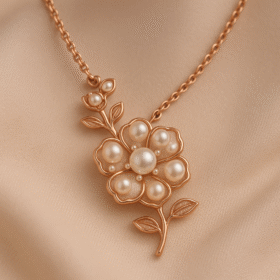 “Golden chain necklace with a pearl-filled floral pendant and blooming buds, inspired by garden elegance – Pearl Bloom by Dazzling Pearl.”