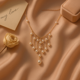 Cascading rose gold pearl necklace laid on blush silk, evoking a soft, emotional, moonlit elegance — perfect for romantic or soulful moments.