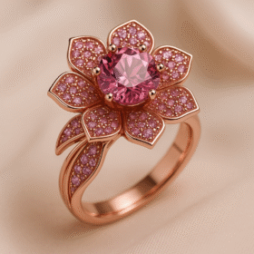 “Statement ring with a vibrant pink gemstone shaped like a blooming flower, detailed in rose gold – Pearl Bloom by Dazzling Pearl.”