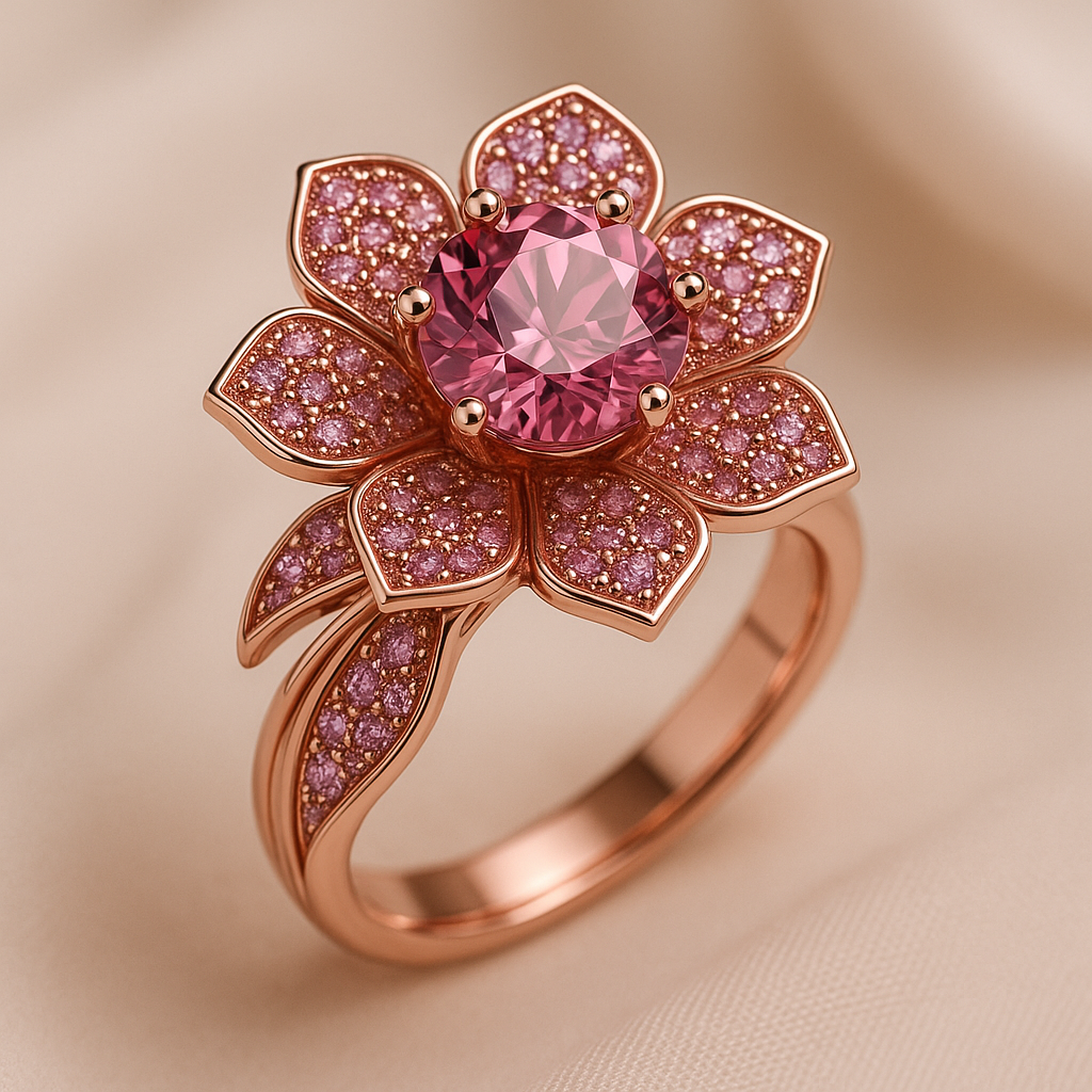 “Statement ring with a vibrant pink gemstone shaped like a blooming flower, detailed in rose gold – Pearl Bloom by Dazzling Pearl.”